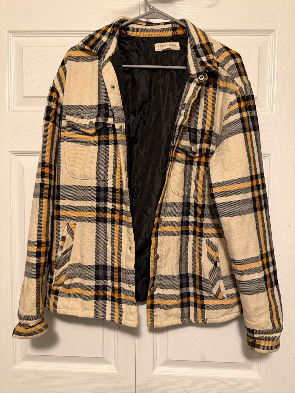 Aeropostale Cream, Gray & Mustard Plaid Quilted-Lined Shacket
